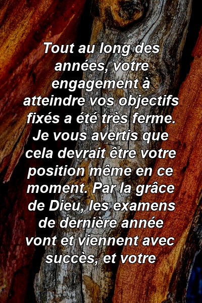 Tout au long des années, votre engagement à atteindre vos objectifs fixés a été très ferme. Je vous avertis que cela devrait être votre position même en ce moment. Par la grâce de Dieu, les examens de dernière année vont et viennent avec succès, et votre 