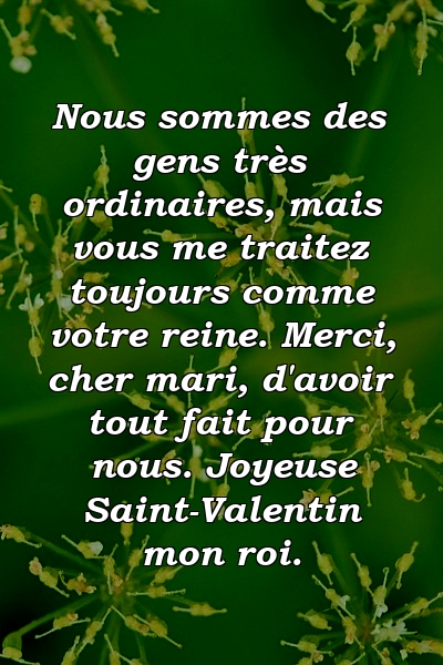 Nous sommes des gens très ordinaires, mais vous me traitez toujours comme votre reine. Merci, cher mari, d