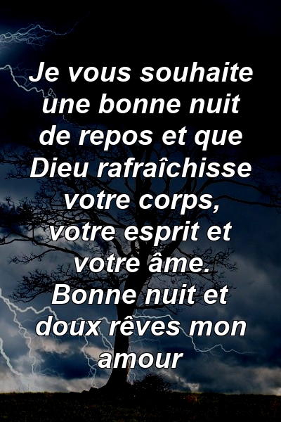 Je vous souhaite une bonne nuit de repos et que Dieu rafraîchisse votre corps, votre esprit et votre âme. Bonne nuit et doux rêves mon amour